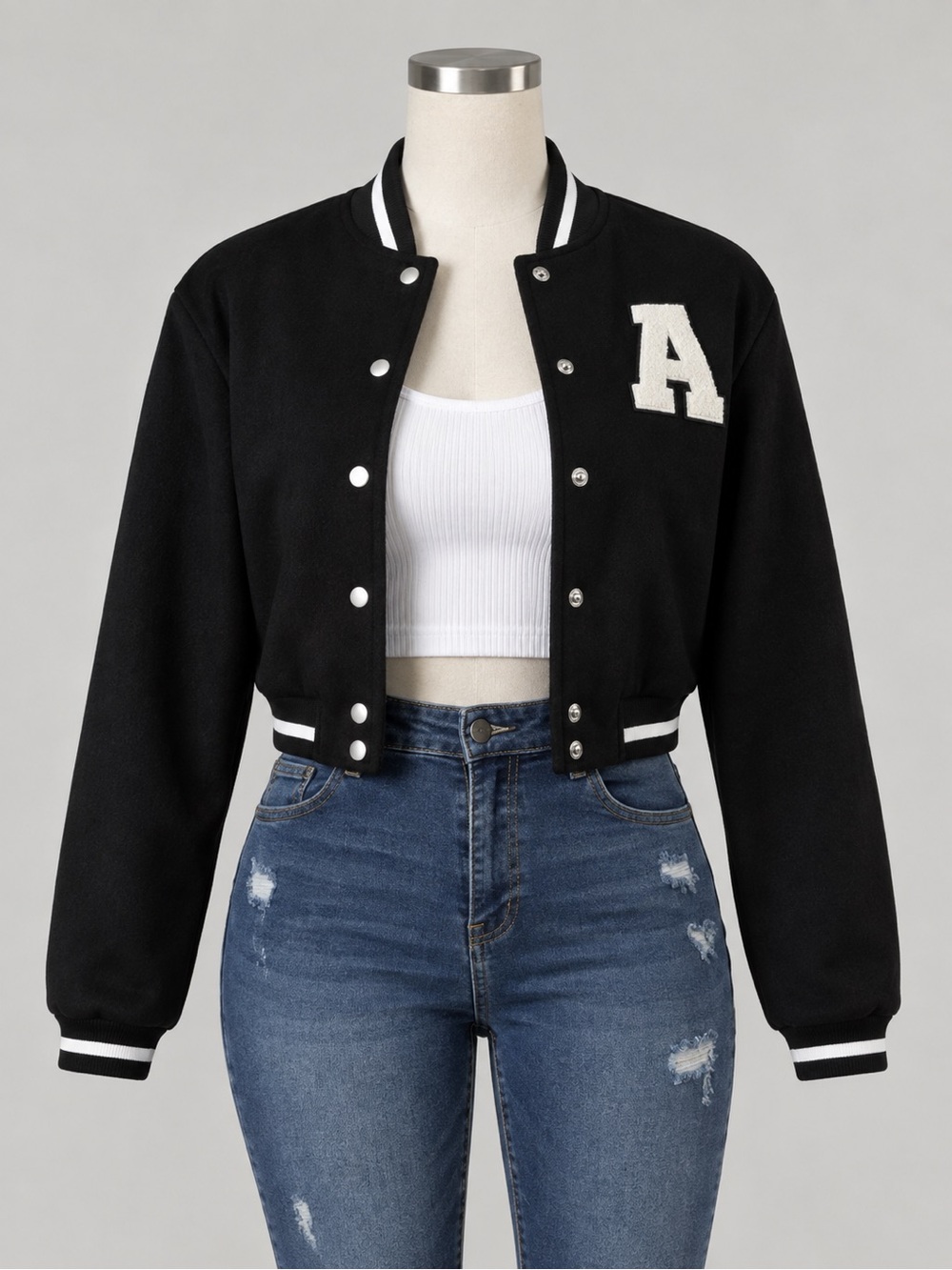 Cropped Black Varsity Jacket with White 'A' Patch